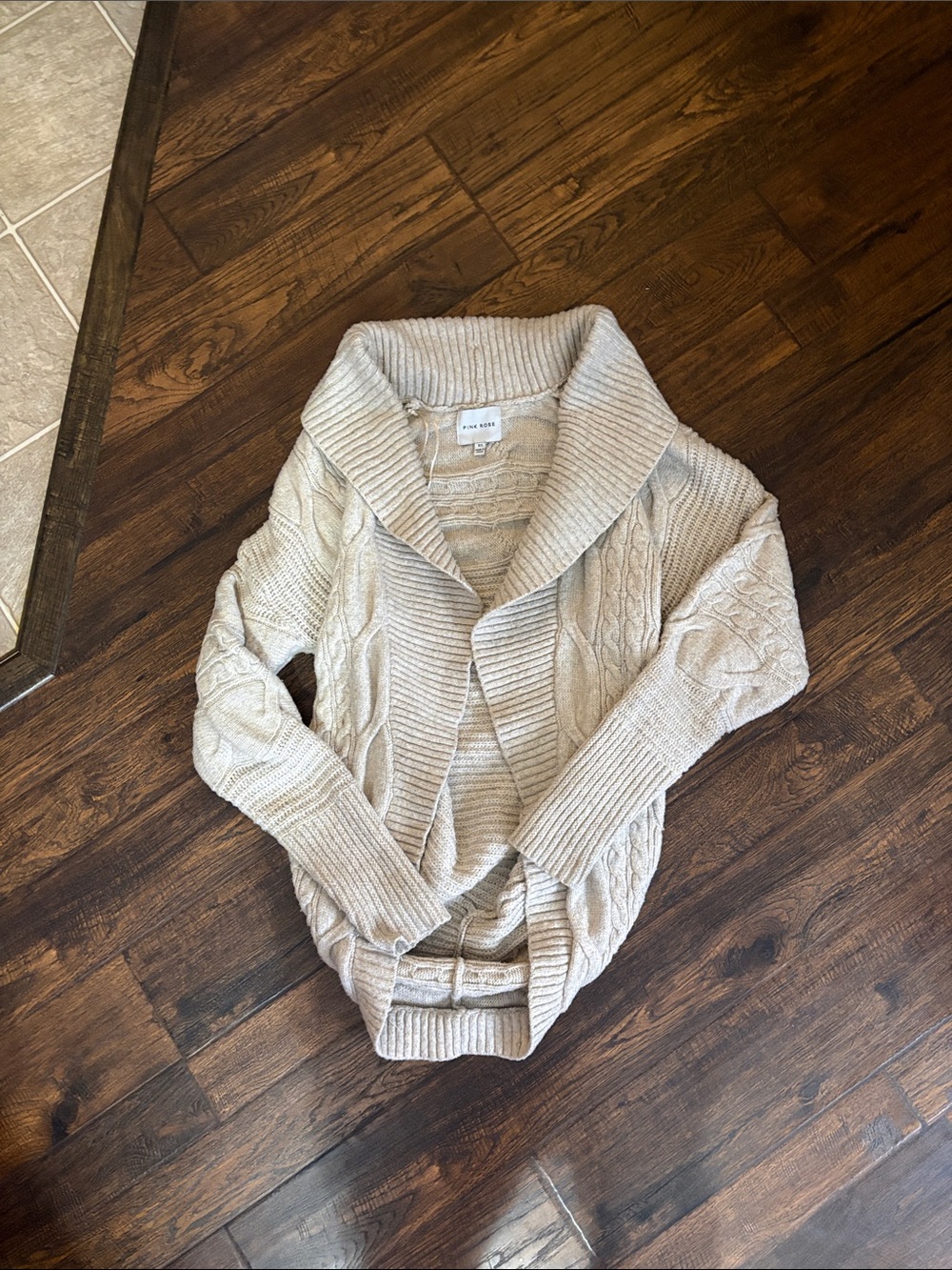 Pink Rose Cream Cable Knit Shawl Collar Cardigan